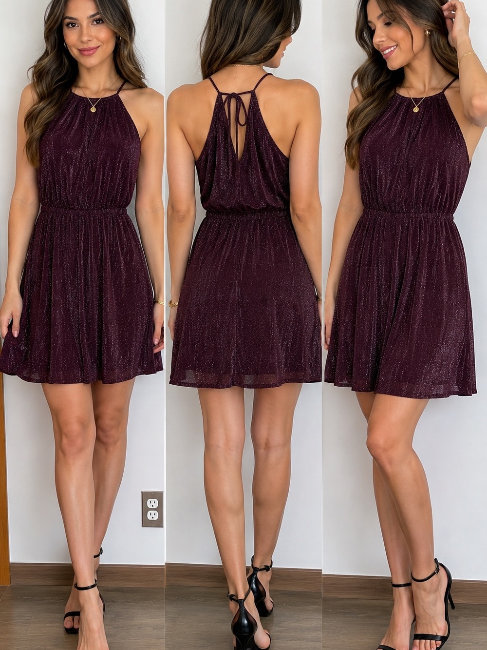 J.O.A. Glitter Halter Skater Dress - Plum